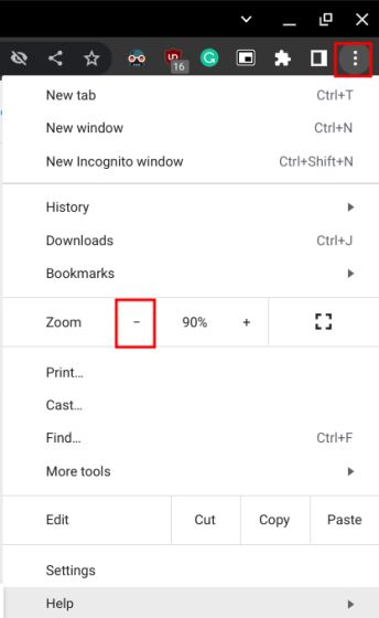 Chrome మెను నుండి Chromebookలో జూమ్ అవుట్ చేయండి